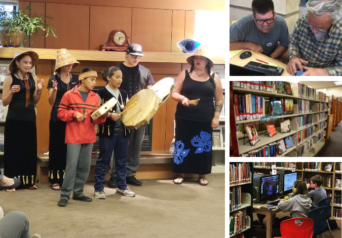 Photo Collage of San Juan Island Library Showing Musicians and Dancers, Books, and kids on Computers