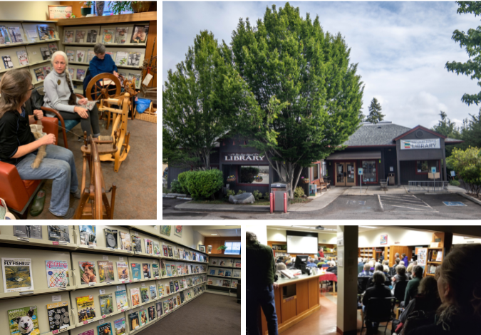 Photo Collage of San Juan Island Library showing weaving, magazines, a presentation and the outside of the library